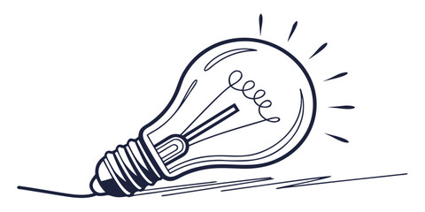 Stylized line art drawing of a glowing incandescent light bulb with rays of light and shading lines indicating brightness lightbulb inspiration creativity illustration © Mamun