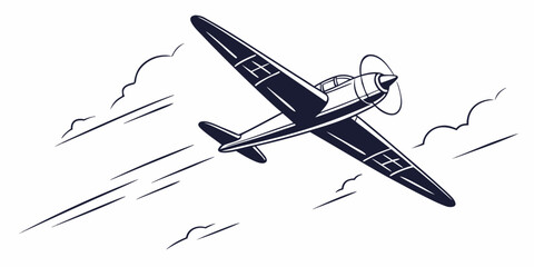 Retro style propeller airplane soaring through clouds black and white minimalist line art illustration with airplane propeller aircraft aviation illustration transportation © Mamun