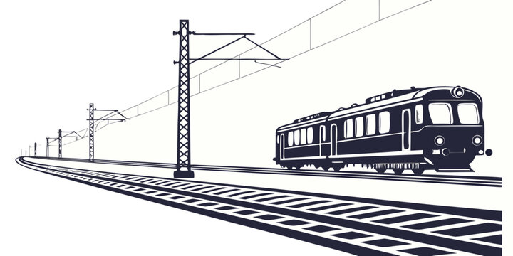 Minimalist vector illustration of an electric suburban train traveling on tracks with overhead catenary power lines in perspective transport electric suburban catenary
