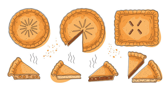 Variety of baked pies including whole round pies, a rectangular pie, and several individual slices with steam rising from them.