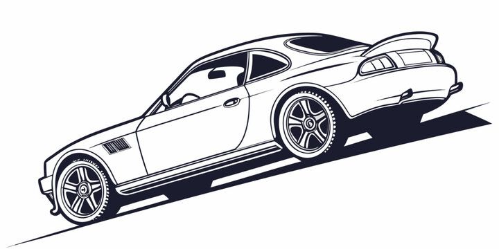 Vintage style sports coupe car graphic illustration in monochrome line art drawing with automotive transport illustration silhouette performance transportation aerodynamic