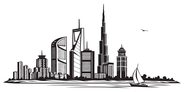 Dubai city skyline vector illustration featuring famous skyscrapers and waterfront sailboat emirates landmark building skyscraper architecture downtown silhouette landscape