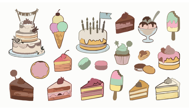 Dessert doodle vector set &ndash; cakes, ice cream and bakery sweets illustration