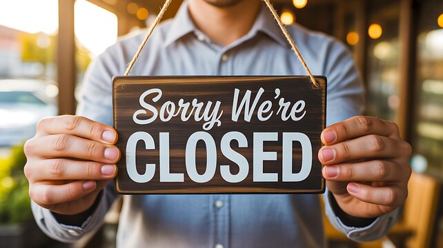 Business owner holding sorry we are closed sign outside storefront