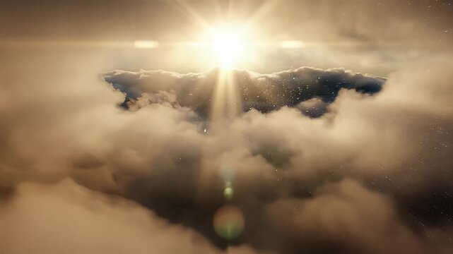Cinematic aerial view flying through dense clouds toward a bright sun with lens flares and shimmering particles.