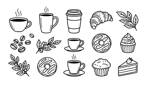 Coffee and pastry line art vector set &ndash; black and white caf&eacute; illustration