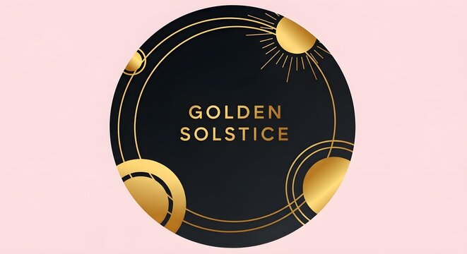Golden solstice celestial logo with sun and moon elements on a dark round background