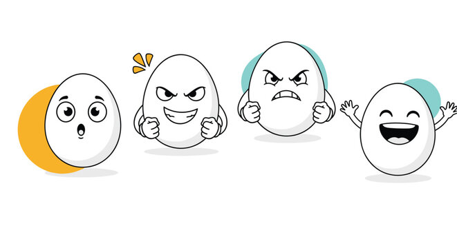 Four cartoon egg characters showing a range of strong human emotions including surprise, mischief, intense anger, and pure joy.