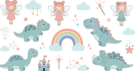 Obraz premium Colorful illustration of dinosaurs and whimsical elements including a rainbow and fairy tale castle