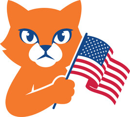 Angry orange cartoon cat holding American flag  patriotic animal symbol © SAYEDAJANNATUL