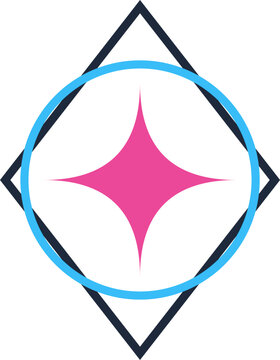 Minimalist geometric logo composition with pink four pointed star blue circle and black rhombus illustration