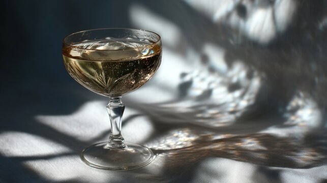 Elegant champagne glass filled with sparkling drink casting delicate shadows on a textured surface in soft natural light