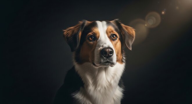 Dog portrait with brown eyes and tricolor fur against a dark background