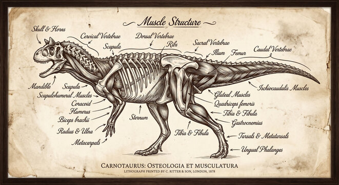 An authentic 19th-century lithograph style illustration of a Carnotaurus skeleton and muscle structure. Aged parchment texture, 