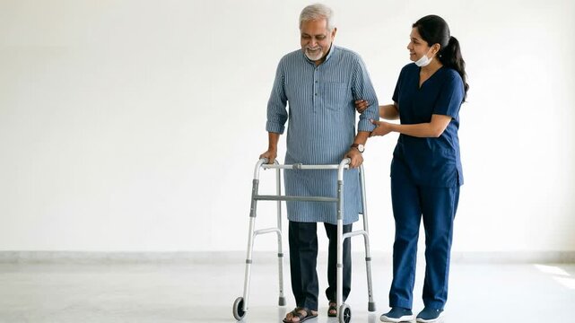 healthcare professional supporting indian elderly man patient with mobility aid video