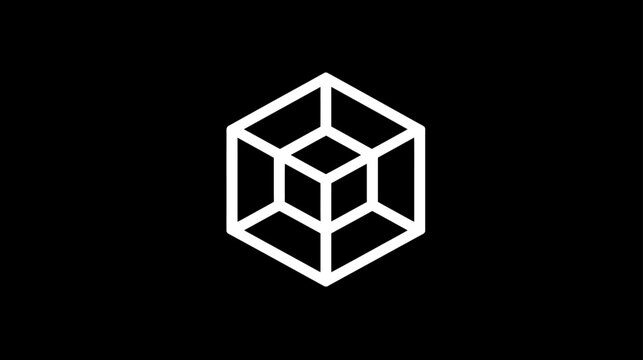 Abstract geometric 3D wireframe cube shape design. Modern minimalist graphic on a dark black background, clean technology illustration.
