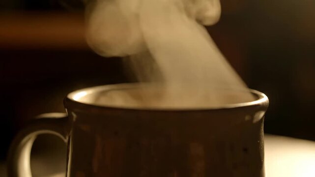 Dramatic close-up shot of steaming hot coffee or tea rising from a ceramic mug, capturing warmth, comfort, and cozy morning atmosphere