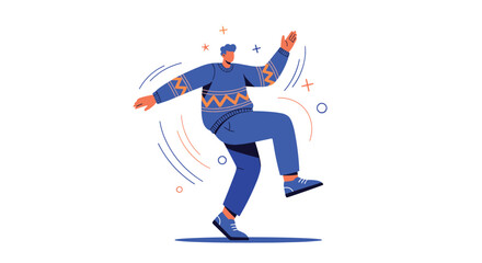 Fototapeta premium Joyful person in a blue patterned sweater and jeans performs an energetic dance move while surrounded by playful abstract shapes and stars.