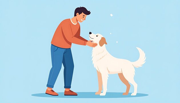Man petting happy white dog.