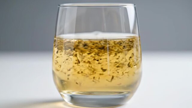 Close-up of a sparkling golden beverage, likely craft cider or kombucha, fizzing vigorously in a clear glass tumbler with visible sediment and foam.
