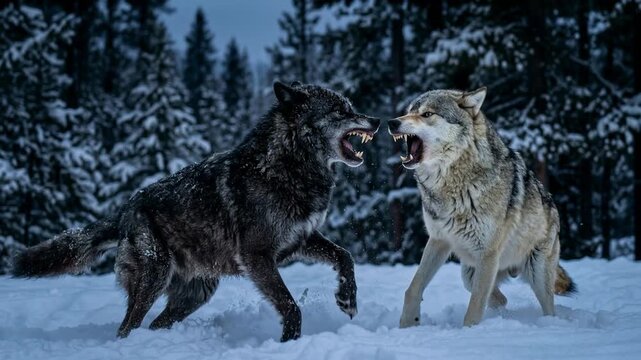 slow motion wolves clash in snowy forest at dusk video