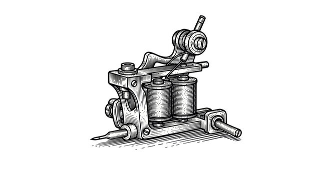 Vintage Tattoo Machine Illustration, Coil Tattoo Gun Drawing, Black Ink Art