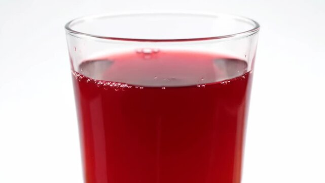 Macro shot of red sparkling carbonated drink filling a glass, generating effervescent bubbles and foam against a bright white background.