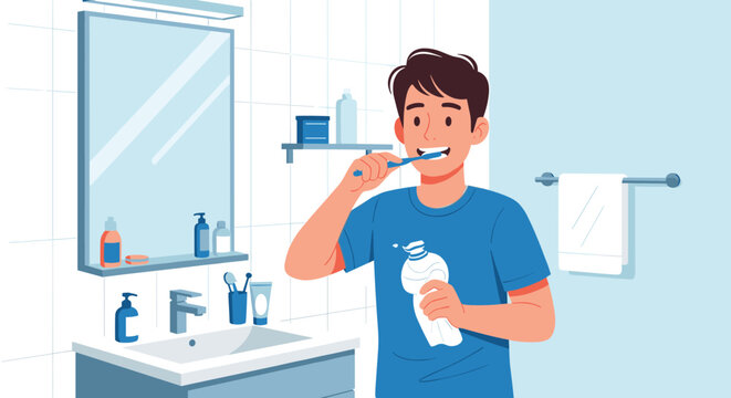 Smiling young man in a blue t-shirt diligently brushes his teeth in a clean bathroom while looking into a mirror.