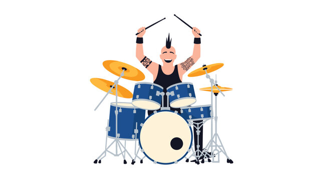 Energetic drummer with a mohawk and tattoos plays a large blue drum set with passion against a white background.
