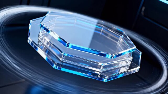 Stacked transparent hexagonal shapes with glowing blue edges on dark background