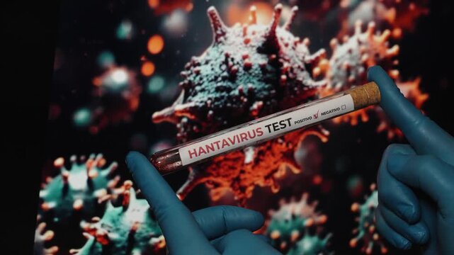 Medical laboratory hantavirus test with virus cells and blue gloves