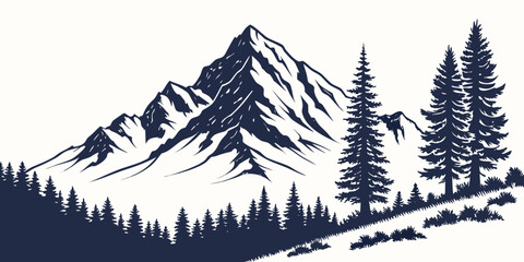 Monochromatic vector illustration of majestic mountain peak and pine forest silhouette with mountain landscape silhouette adventure coniferous wilderness climbing monochrome © AX