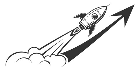 Rocket ship taking off following an upward growth arrow icon with business progress innovation marketing development strategy achievement technology performance increase © AX