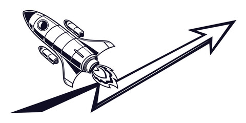 Rocket ship launching upwards along an arrow growth trajectory representing business success and innovation with business innovation progress development financial marketing © AX