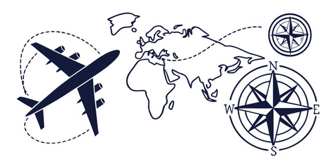 Travel navigation concept with airplane and compass on world map outline airplane navigation adventure direction geographic transportation destination vacation exploration © AX