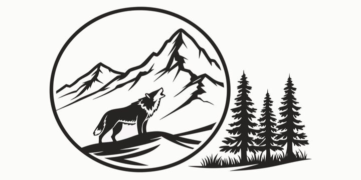 Minimalist graphic vector logo of a howling wolf standing on a mountain slope with pine trees mountain silhouette wildlife wilderness landscape adventure predator contrast