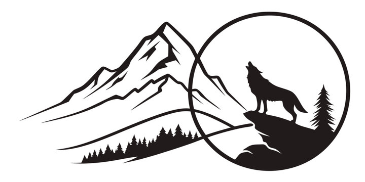 Black and white vector illustration of a howling wolf on a mountain cliff with pine forest silhouettes mountain silhouette wildlife wilderness landscape adventure predator