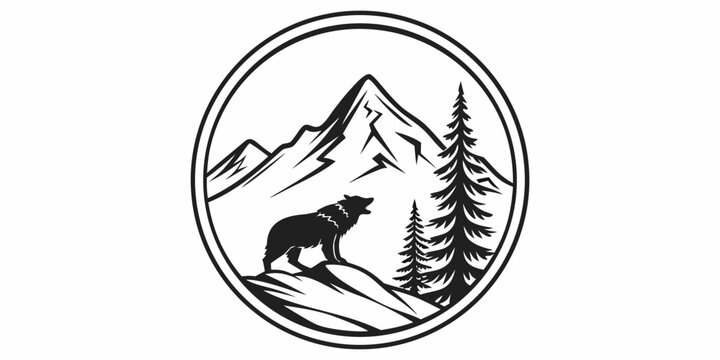 Circular vector emblem featuring a howling wolf on a mountain slope surrounded by pine trees mountain silhouette wildlife wilderness landscape adventure predator minimalist