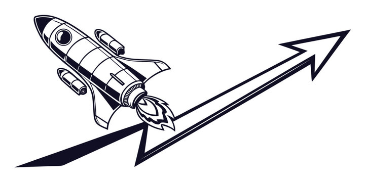 Rocket ship launching upwards along an arrow growth trajectory representing business success and innovation with business innovation progress development financial marketing