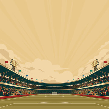 Soccer stadium with fans wide angle retro style square template have blank space.