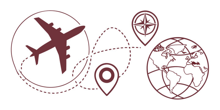 Global travel and navigation set with airplane flight path world map location pin and compass rose airplane navigation location aviation destination transport international