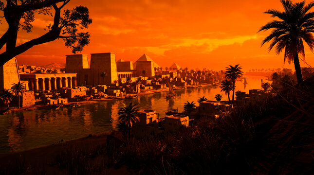 Cinematic view of ancient Egyptian city along the Nile River at sunset with traditional architecture and palm trees under a warm golden sky, digital art style.