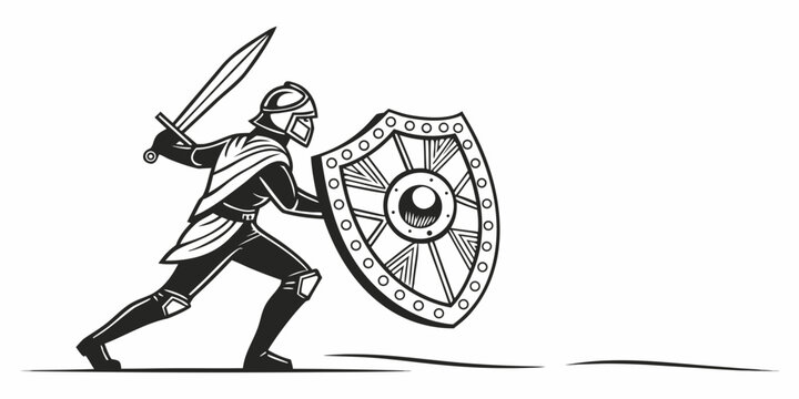 Medieval knight standing in fighting stance holding sword and shield with medieval fighting historical strength protection character battalion mythology swordplay military