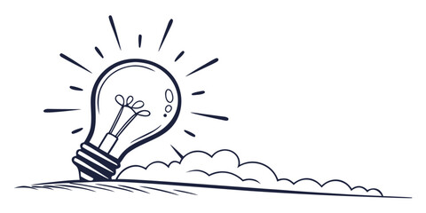 Creative concept line art illustration of a glowing electric light bulb emerging from a cloud of smoke with lightbulb innovation creativity thinking inspiration solution © AX