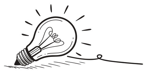 Hand drawn ink illustration of a glowing light bulb acting as a pencil drawing a line with innovation creativity lightbulb inspiration strategy solution business creative © AX