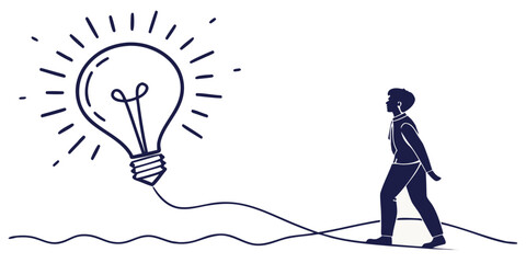 Line art conceptual illustration of a young man walking along a path connected to a glowing idea light bulb with lightbulb innovation creativity thinking inspiration solution © AX