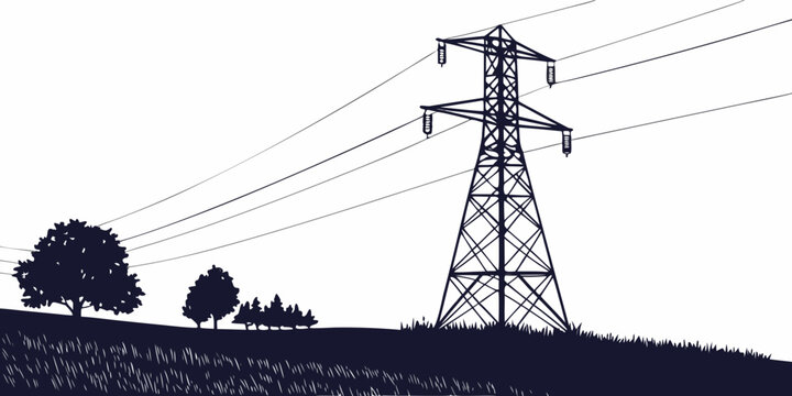 High voltage transmission pylon silhouette among trees in meadow with electric supply energy transmission industrial landscape utility pole infrastructure system power grid