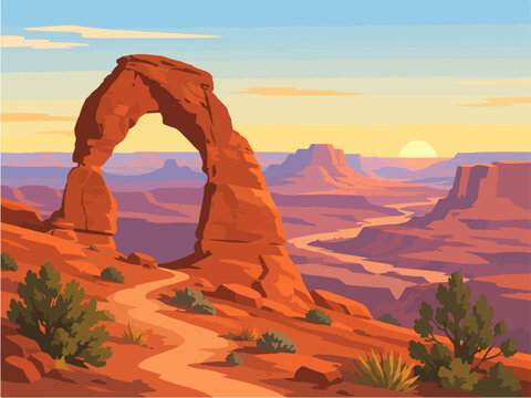 Desert natural stone arch with canyon cliffs warm sunset sky and wilderness landscape illustration