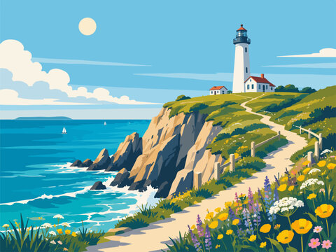 Coastal lighthouse on dramatic ocean cliff with wildflowers blue sea and sunny sky landscape illustration