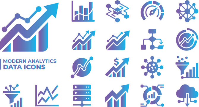 Modern analytics data icons charts graphs and network diagrams gradient.